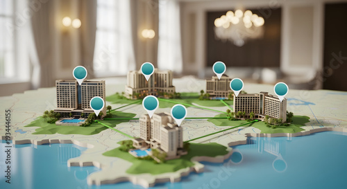 Miniature hotel buildings with location pins on map demonstrating hospitality network and travel destination management