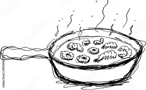 Hot frying pan with sizzling shrimp and wings cooking on stove with steam rising