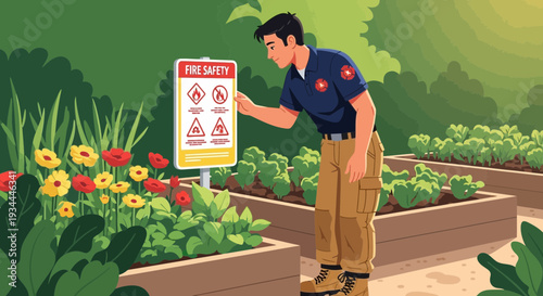 Man in Uniform Inspecting Safety Sign in Garden.