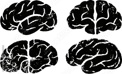 Black silhouette brain illustrations in different views, human anatomy, neuroscience concept