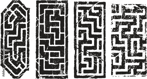 Black distressed maze patterns in rectangular and octagonal shapes vintage grunge labyrinth designs for puzzles and backgrounds