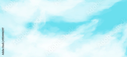 Pastel sky blue background with soft puffy white clouds in the center and faded vintage textured border. Dreamy airy atmosphere with gentle cloudscape