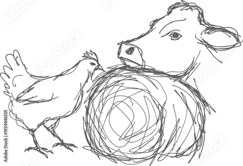 Sketch of farm animals with a cow sniffing a round hay bale and a chicken standing nearby