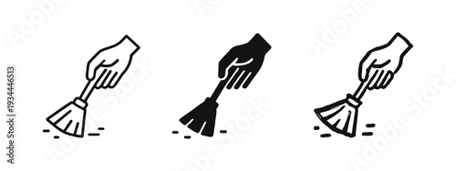 Hand Holding Broom Sweeping Icon Set. Cleaning and Housework Symbol Vector.