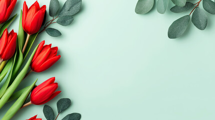 Red tulips and fresh eucalyptus leaves creating a vibrant border on a pastel green background, capturing spring season