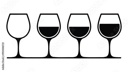 Wine glasses with varying levels of red wine, illustrated in a simple black line art style on a clean background