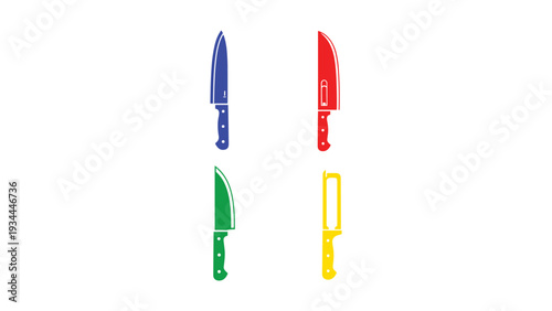 Four colorful toy knives displayed in pairs with different colored handles and blades