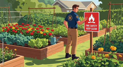 Man in Uniform Inspects Fire Safety Sign in Garden.
