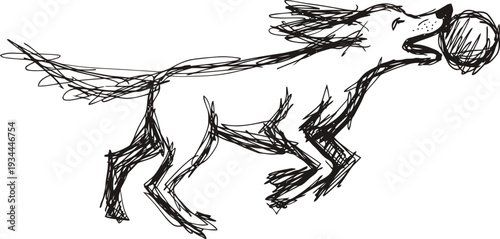 Sketch of energetic dog running with ball in mouth, playful pet illustration in dynamic pose