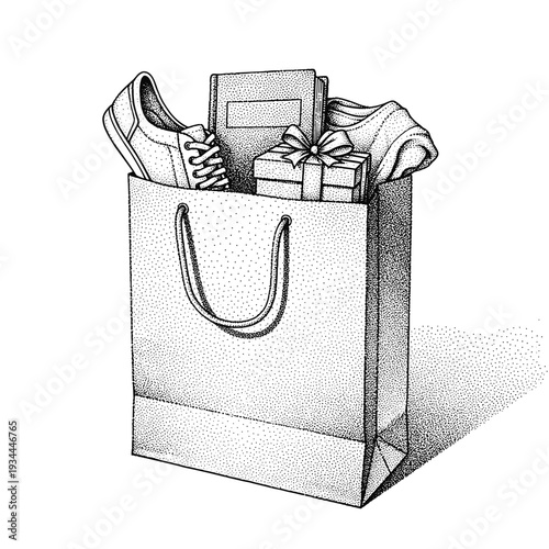 Shopping bag filled with gifts, shoes, book, and clothing in a stippled illustration style