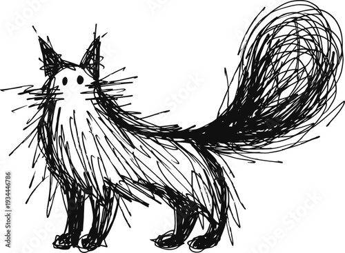 hand drawn fox sketch with large bushy tail and expressive eyes in black ink