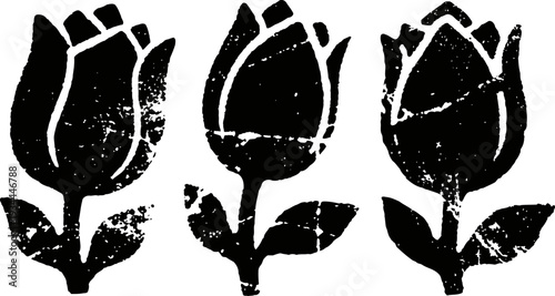 Three vintage black rose illustrations with grunge texture and leaf accents