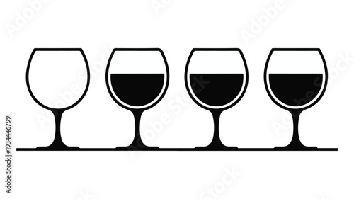 Illustration of four wine glasses filled to varying levels on a flat surface from a straightforward viewpoint