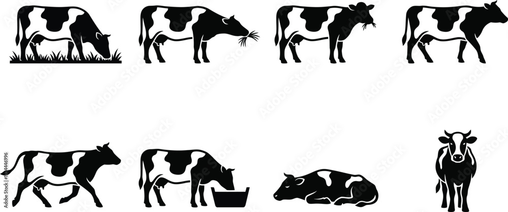 Fototapeta premium Dairy Cow Livestock Silhouette Vector Icon Set for Agricultural Branding, Farm Product Packaging & Organic Dairy Marketing (EPS)