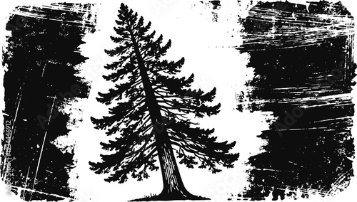 Silhouette of a tall pine tree with textured, distressed background in black and white design