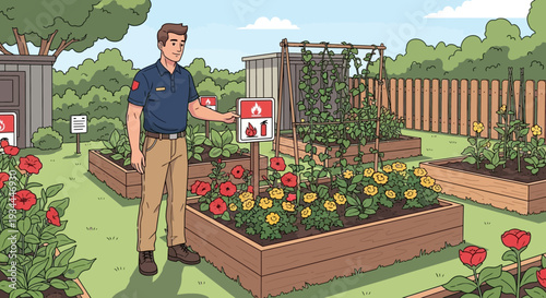 Man in Uniform Standing in a Community Garden.