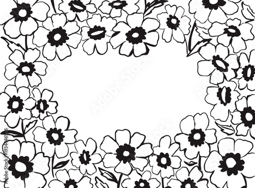 Black and white floral frame with simple outline flowers and leaves for decoration and design