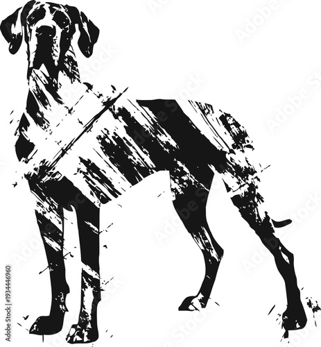 Silhouette of standing dog with distressed grunge texture design in black and white