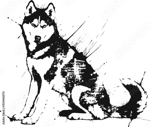 Black and white siberian husky illustration with ink splatter effect on white background