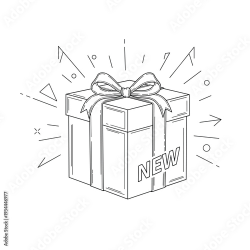 Stylized outline of a gift box with a bow and new label