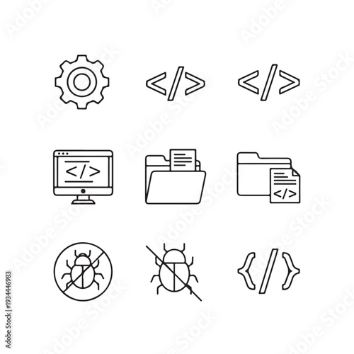Coding and debugging icons in minimalist line art style with black lines on white background for software development