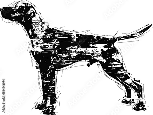 Abstract black dog silhouette with digital glitch effect and distorted pixel noise