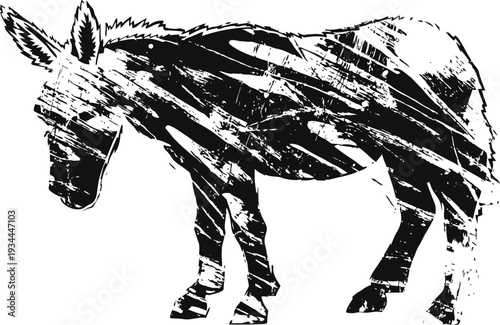 Grunge donkey silhouette with textured black paint strokes and abstract distressed effect