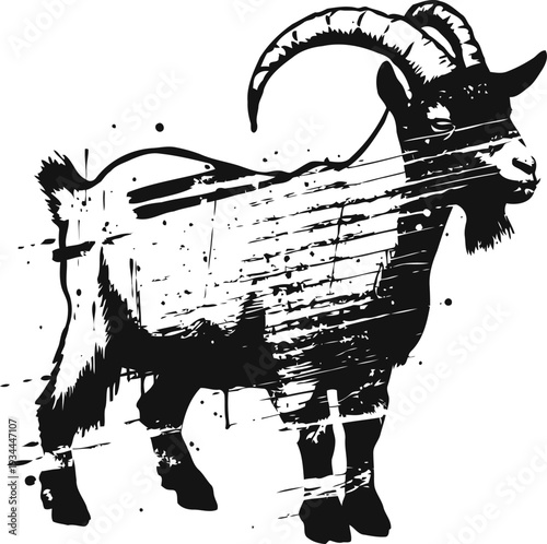 Grunge goat silhouette with bold curved horns and textured distressed design