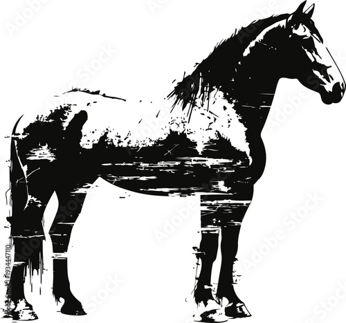 black horse silhouette with grunge texture effect on white background