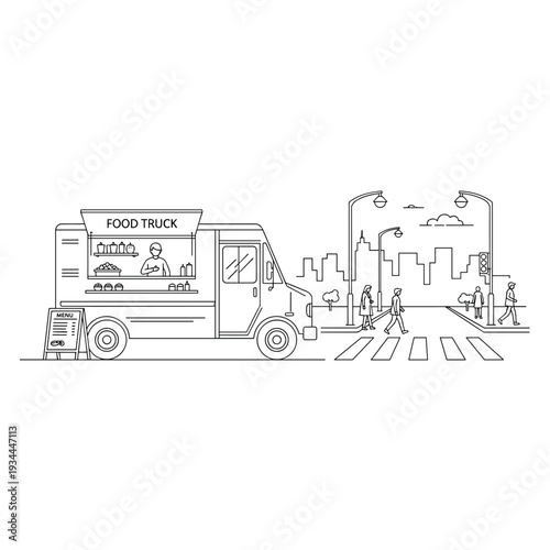 Urban food truck serving customers on a busy city street with pedestrians crossing