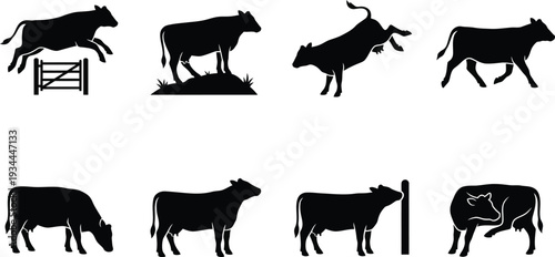 Collection of black silhouette cow illustrations showcasing various actions and poses in a farm setting