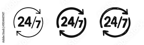 24/7 Service Icon Set - Non-Stop Support and Continuous Availability Symbols with Arrows