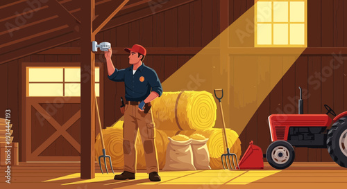 Man installing security camera in barn.