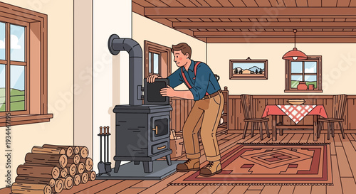 Man tending to a wood burning stove inside a rustic home.