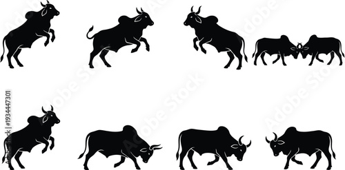 Silhouette vector illustration of various buffalo poses, showcasing dynamic movements and interactions, ideal for agricultural themes and wildlife representations in graphic design projects.