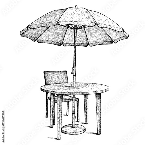 Outdoor patio table and umbrella with chair in minimalist style
