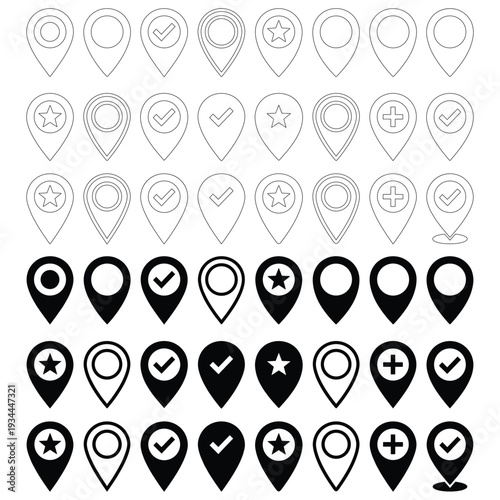 Location map pin icons set with different markers for navigation and points of interest