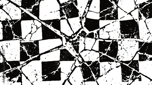 Cracked black and white checkerboard pattern with distressed and grunge texture effect