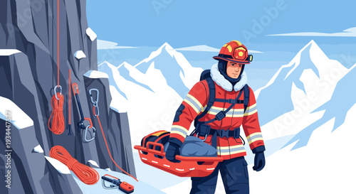 Mountain rescuer carrying patient in stretcher during winter rescue operation.