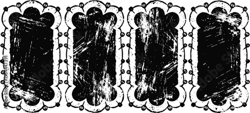Four vintage distressed black grunge ornate frames with decorative borders and textured backgrounds