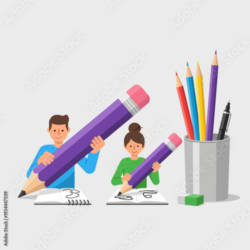 Children Drawing with Giant Pencils, Creative Art Class, Imagination and Education Concept