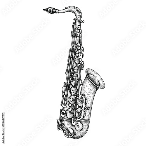 Detailed illustration of a vintage saxophone in a pen and ink style