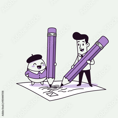 Creative Collaboration: Man and Character Draw Together with Giant Pencils