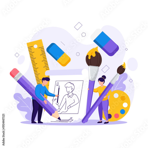 Creative art and design process with artists drawing and painting tools