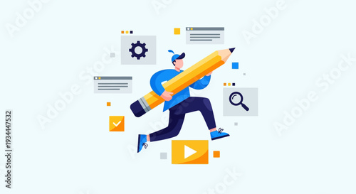 Creative concept, person running with giant pencil, idea generation, business strategy, digital marketing