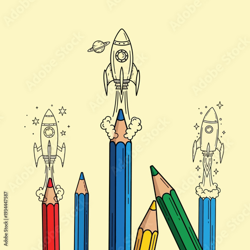 Creative Rockets Launching from Pencils: Imagination, Innovation, and Education Concept