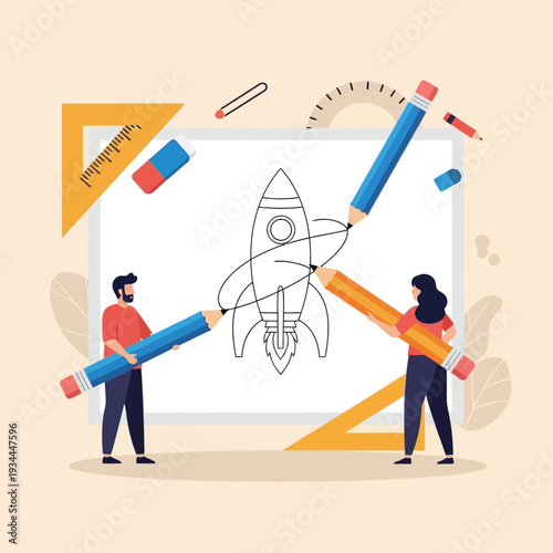 Creative Team Designs Rocket Ship Drawing with Pencils and Rulers, Space Exploration Concept