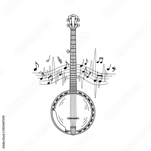 Line art illustration of a banjo with musical notes and sound waves