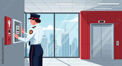 Security Guard Inspecting Building Access Control System.