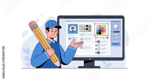 Graphic designer holding giant pencil near computer screen with UI design elements